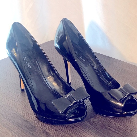 White House Black Market Shoes - WHBM Patent Leather Stiletto Heels Bow Peep Toe